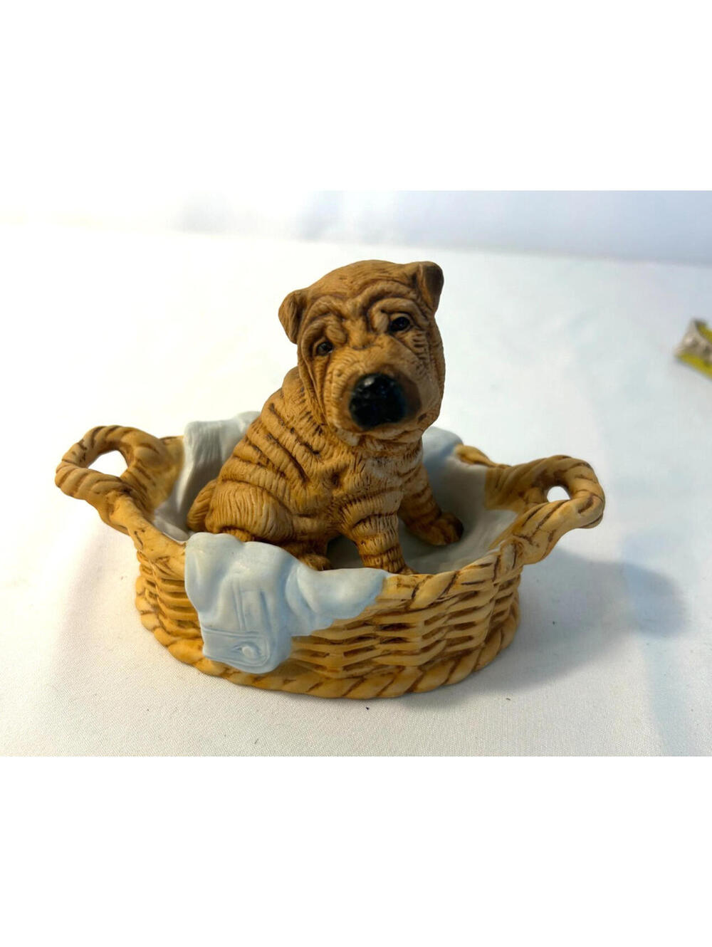 Vtg Princeton Gallery "Wrinkles" Shar Pei Puppy Dog & Wicker Laundry Basket